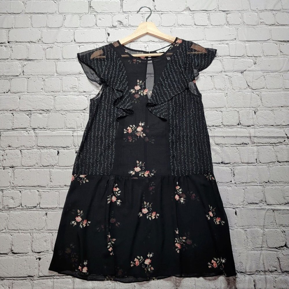 BCBGeneration Sheer Black Floral Print Flutter‎ Sleeve Slip Dress Size XS
